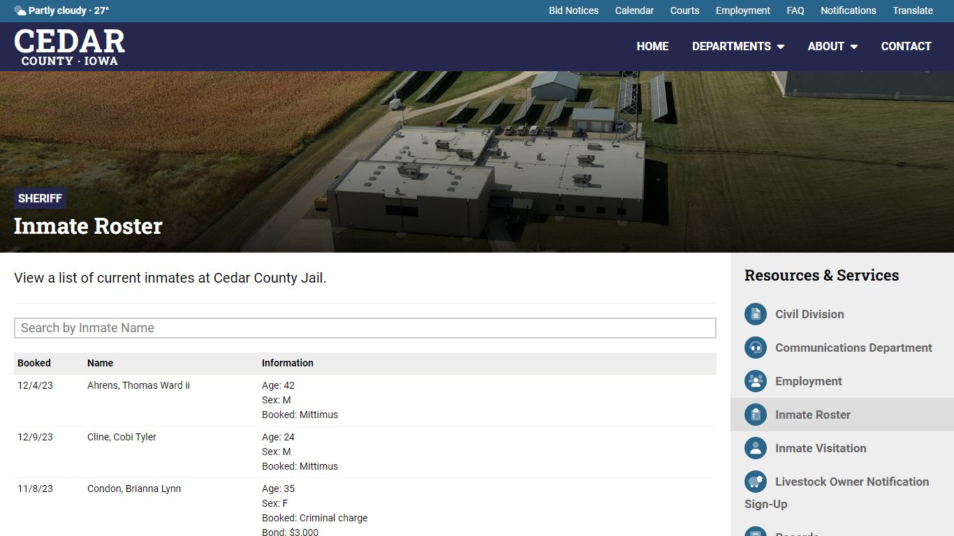 Inmate Roster - Sheriff's Office - Cedar County, Iowa
